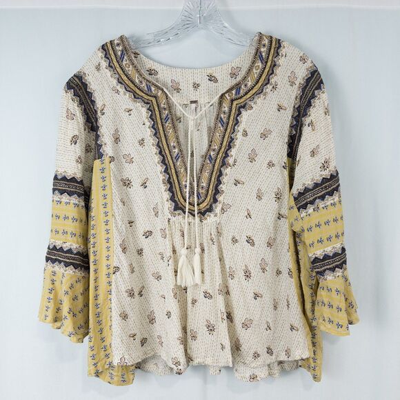 Free People But I Like It Top Womens Medium Ivory Embroidered Bell Sleeve Boho - Picture 1 of 16
